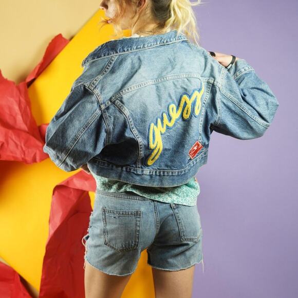 Rare Vintage 80s Guess by George Marciano Womens Cropped Denim Jacket Patches S - Picture 3 of 12